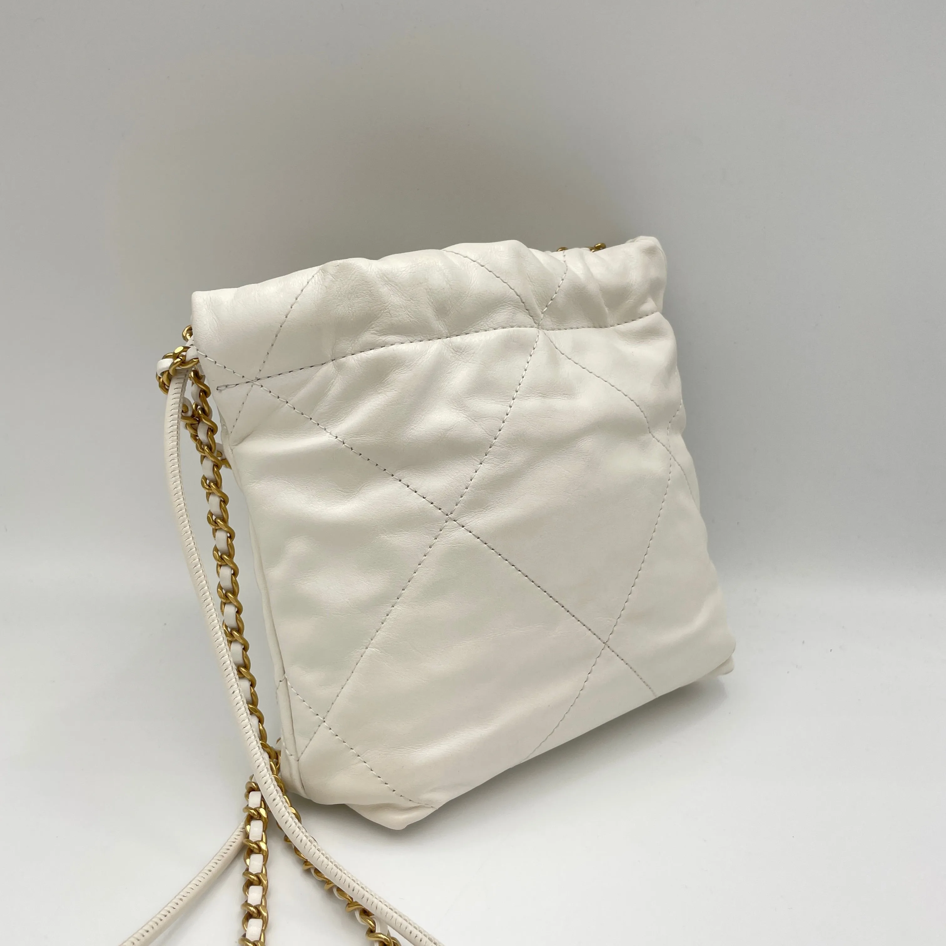 22 Mini White Shoulder Bag in Calfskin, Gold hardware