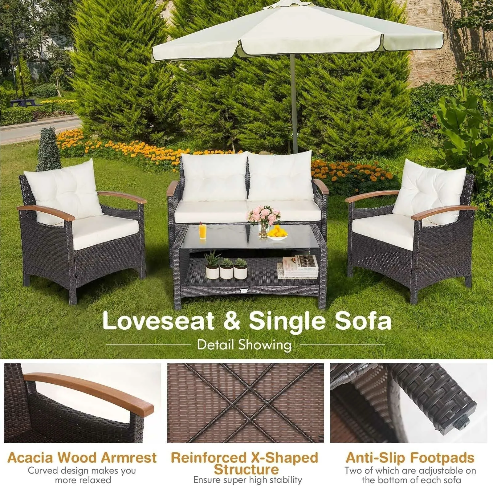 4pc Patio Rattan Furniture Set - White