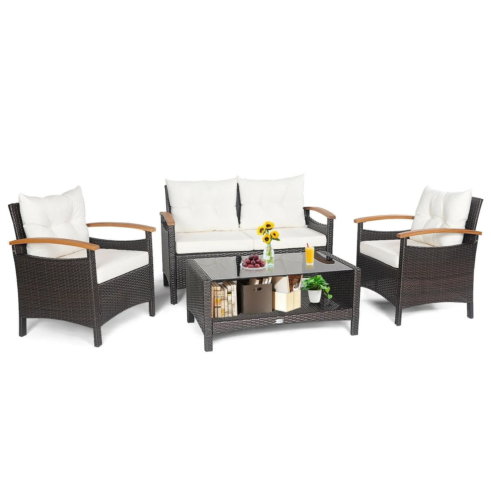 4pc Patio Rattan Furniture Set - White