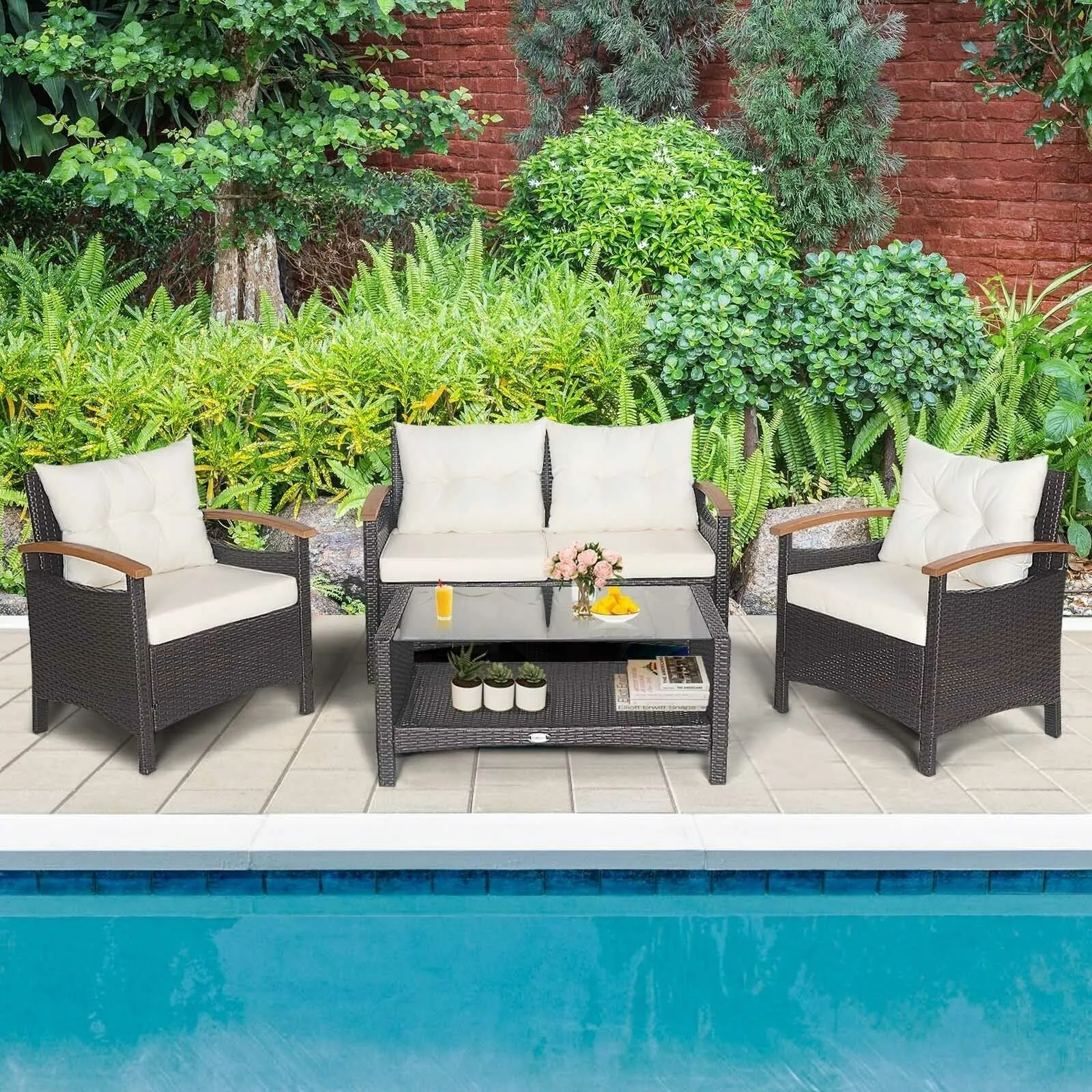 4pc Patio Rattan Furniture Set - White