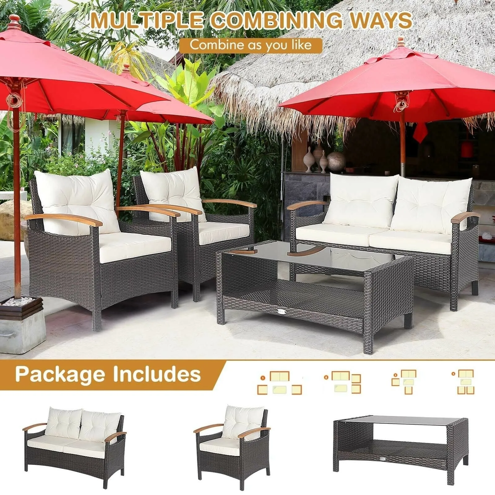 4pc Patio Rattan Furniture Set - White