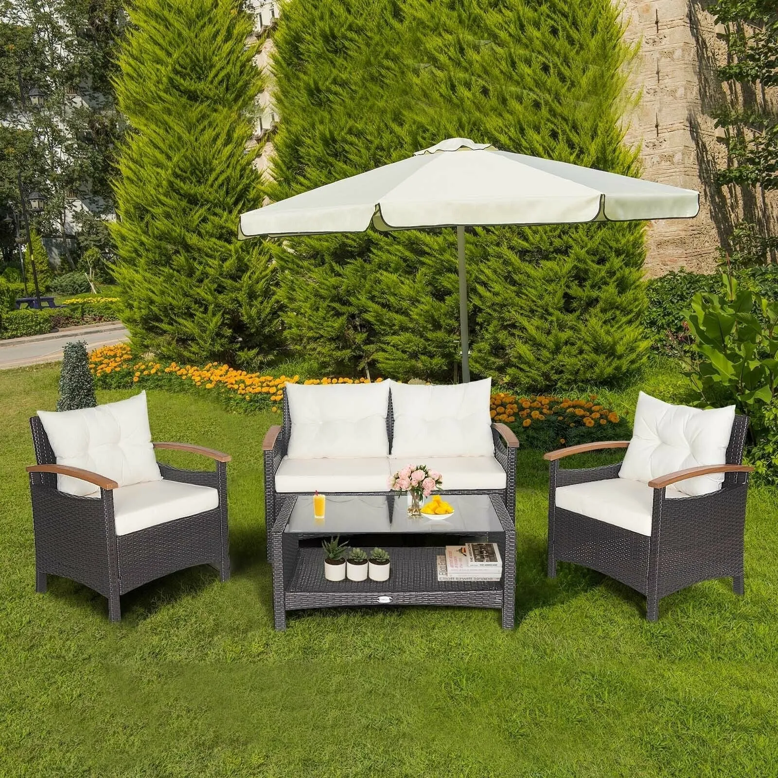 4pc Patio Rattan Furniture Set - White