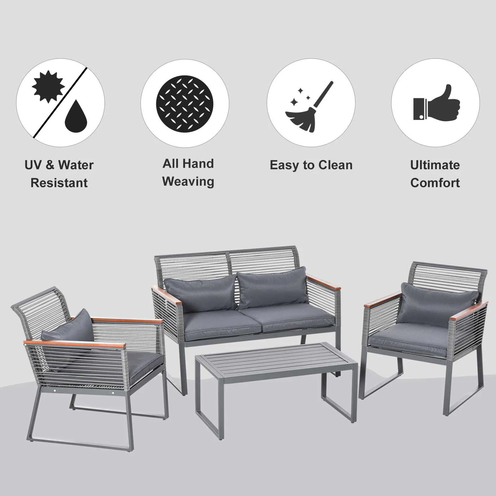 4pc Wicker Rattan Garden Sofa Set with Steel Table - Grey