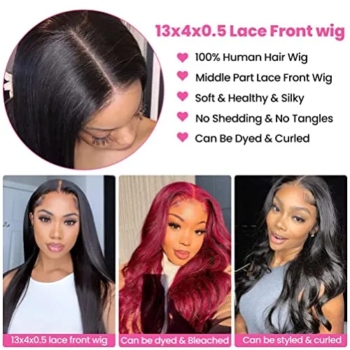 Ali panda HD Straight Lace Front Human Hair Wigs 13x4x0.5 T Shape Middle Part 150% Density Brazilian Lace Frontal Wigs for Black Women (26inch, Natural Color)