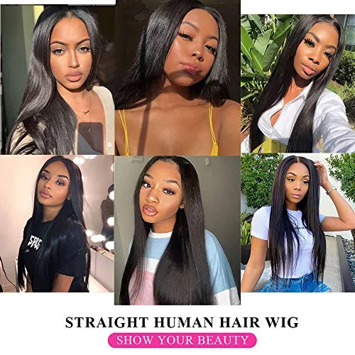 Ali panda HD Straight Lace Front Human Hair Wigs 13x4x0.5 T Shape Middle Part 150% Density Brazilian Lace Frontal Wigs for Black Women (26inch, Natural Color)