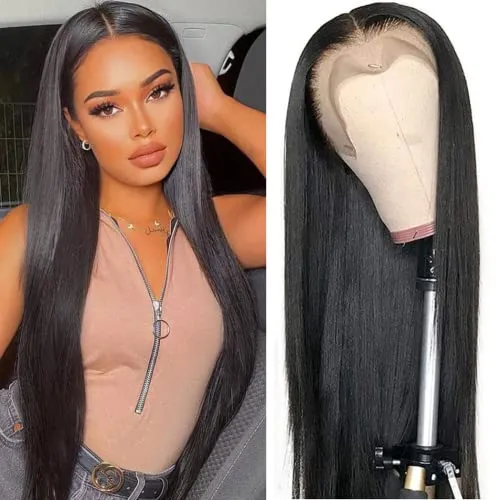 Ali panda HD Straight Lace Front Human Hair Wigs 13x4x0.5 T Shape Middle Part 150% Density Brazilian Lace Frontal Wigs for Black Women (26inch, Natural Color)