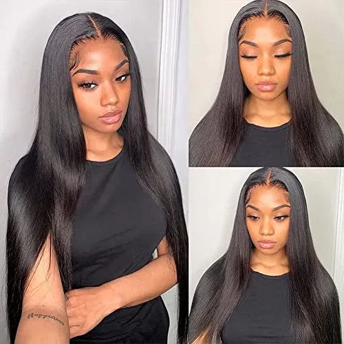 Ali panda HD Straight Lace Front Human Hair Wigs 13x4x0.5 T Shape Middle Part 150% Density Brazilian Lace Frontal Wigs for Black Women (26inch, Natural Color)