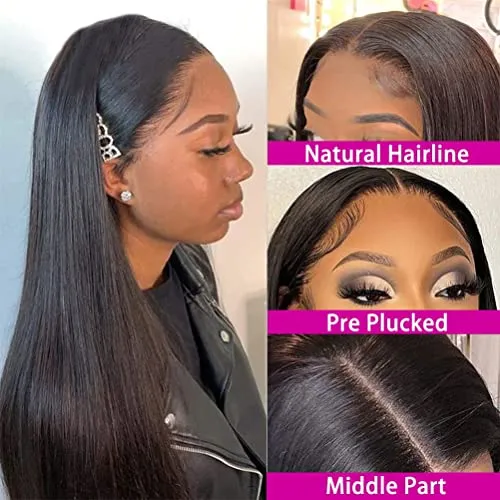 Ali panda HD Straight Lace Front Human Hair Wigs 13x4x0.5 T Shape Middle Part 150% Density Brazilian Lace Frontal Wigs for Black Women (26inch, Natural Color)