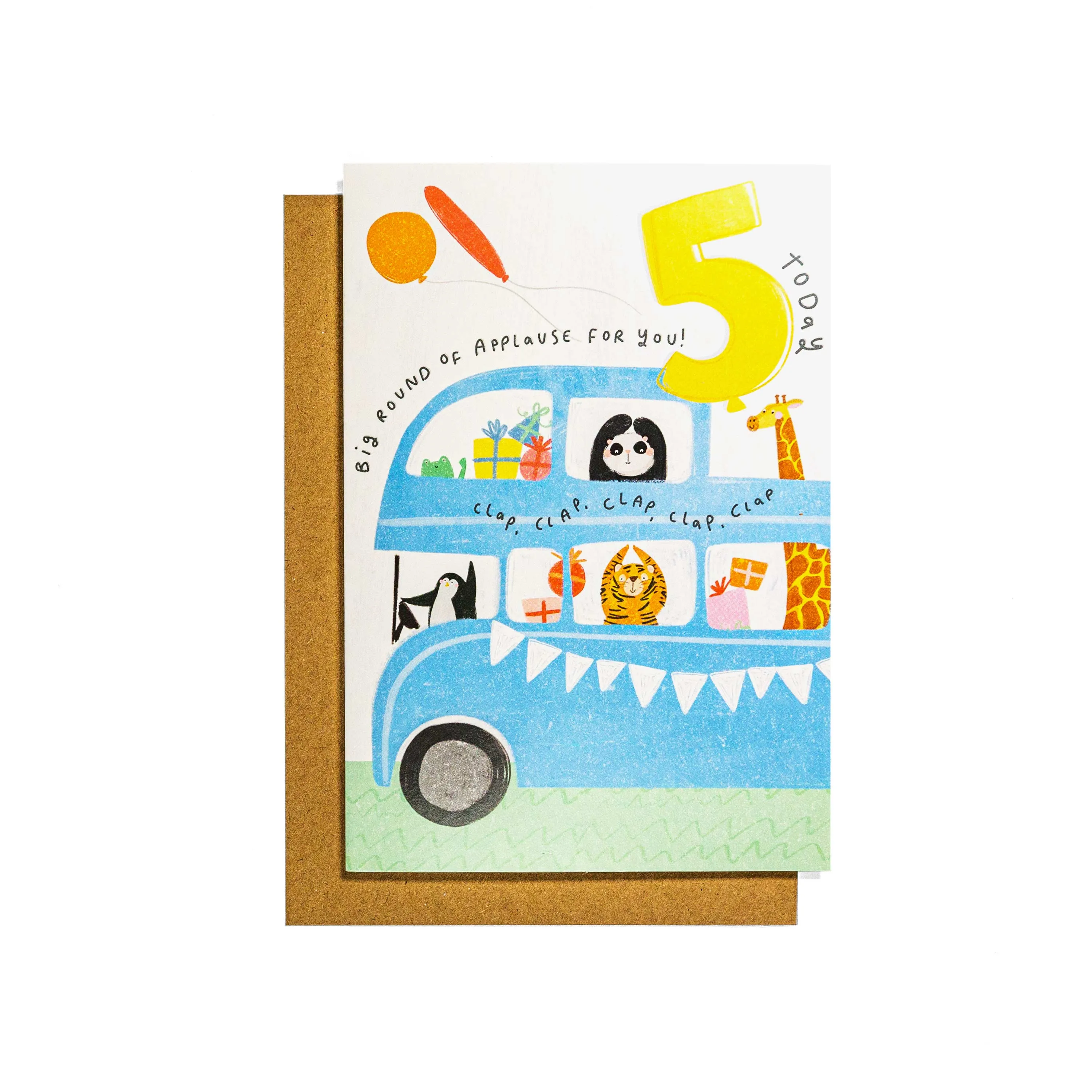 Animal Party Bus Fun 5th Birthday Card