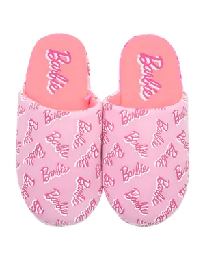 Barbie All Over Print Logo Pink Polyester Womens Slippers