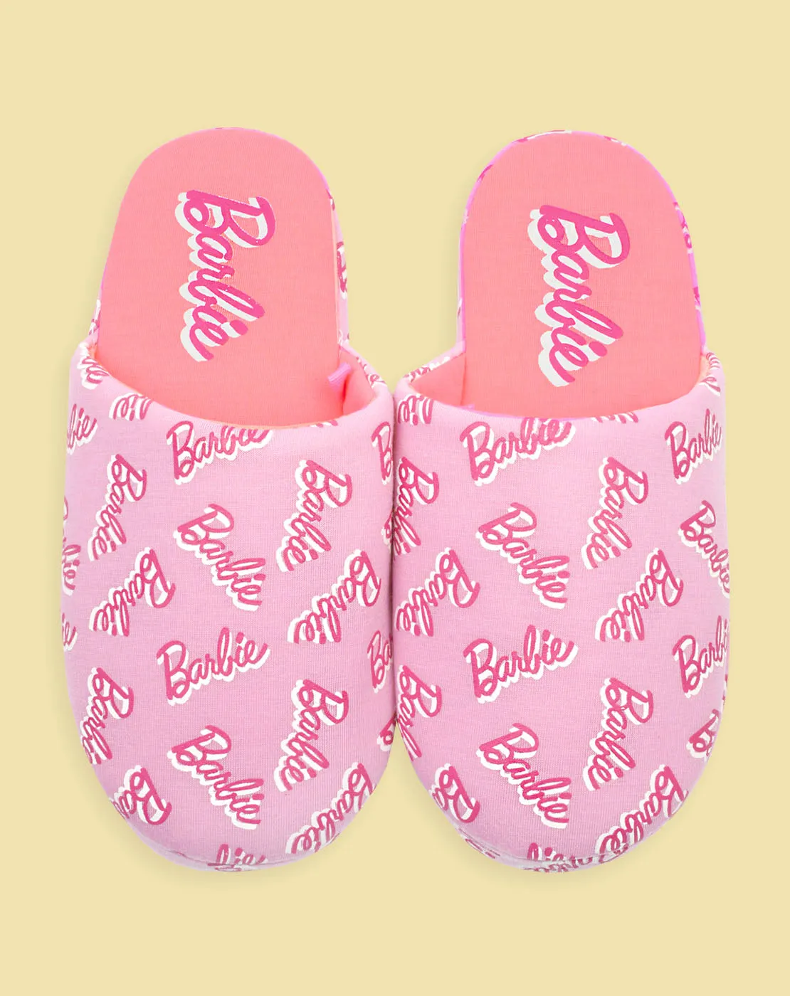 Barbie All Over Print Logo Pink Polyester Womens Slippers