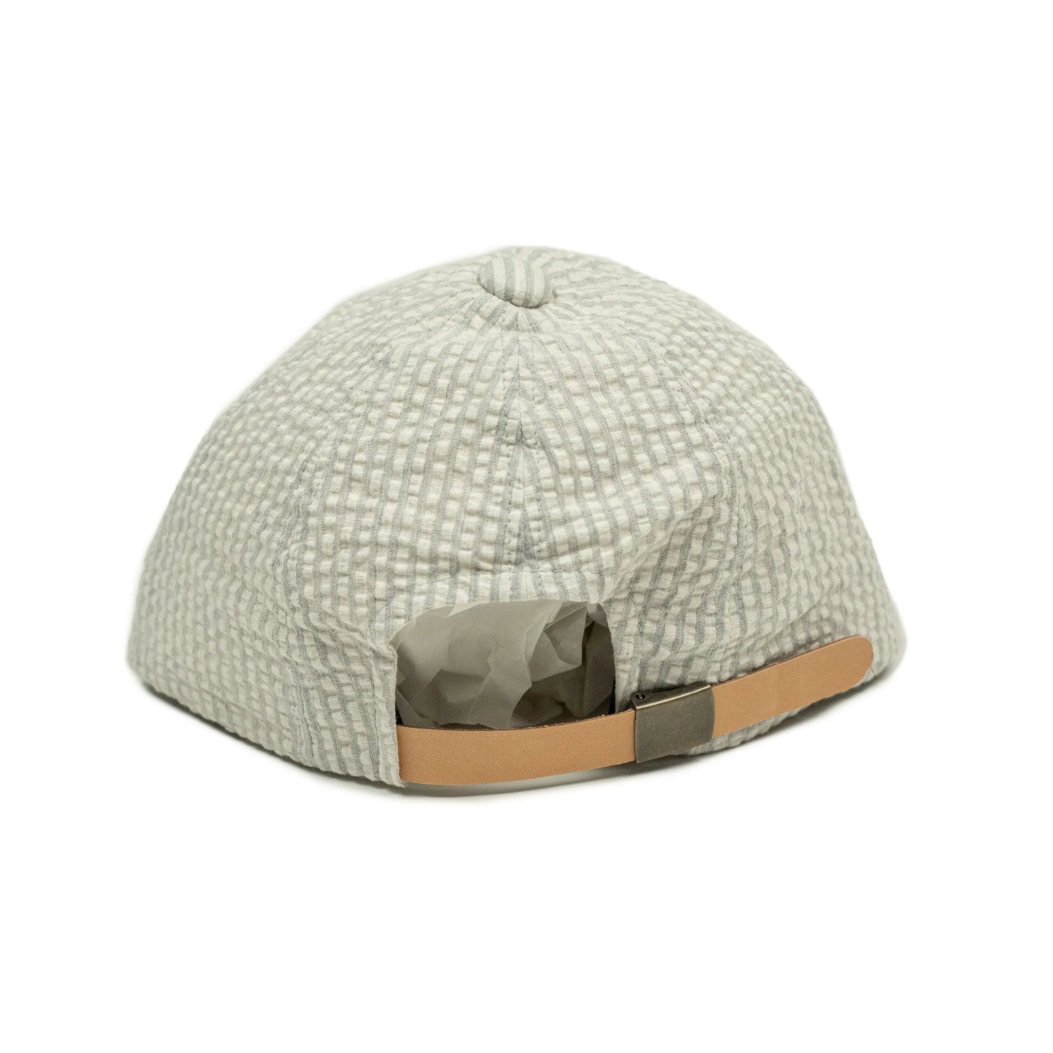 Baseball cap in salt and grey stripe cotton seersucker