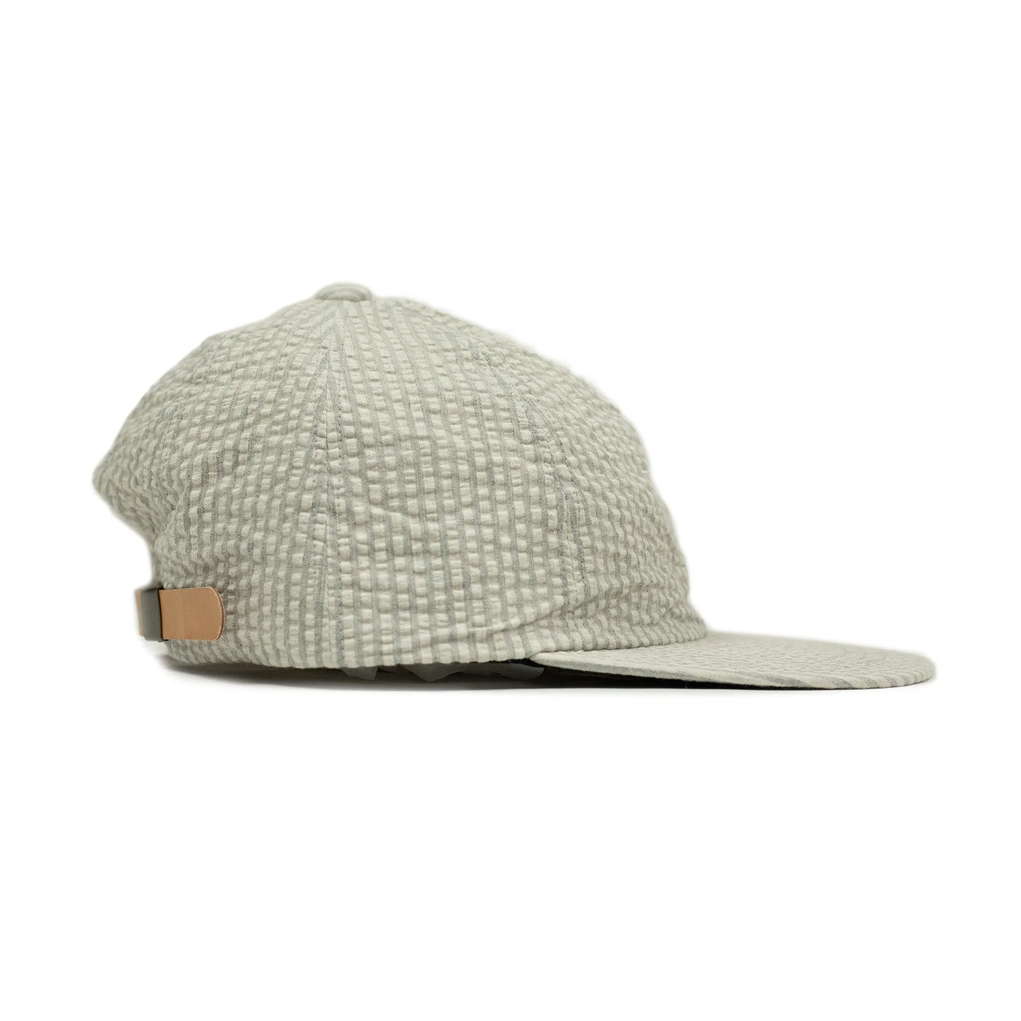 Baseball cap in salt and grey stripe cotton seersucker