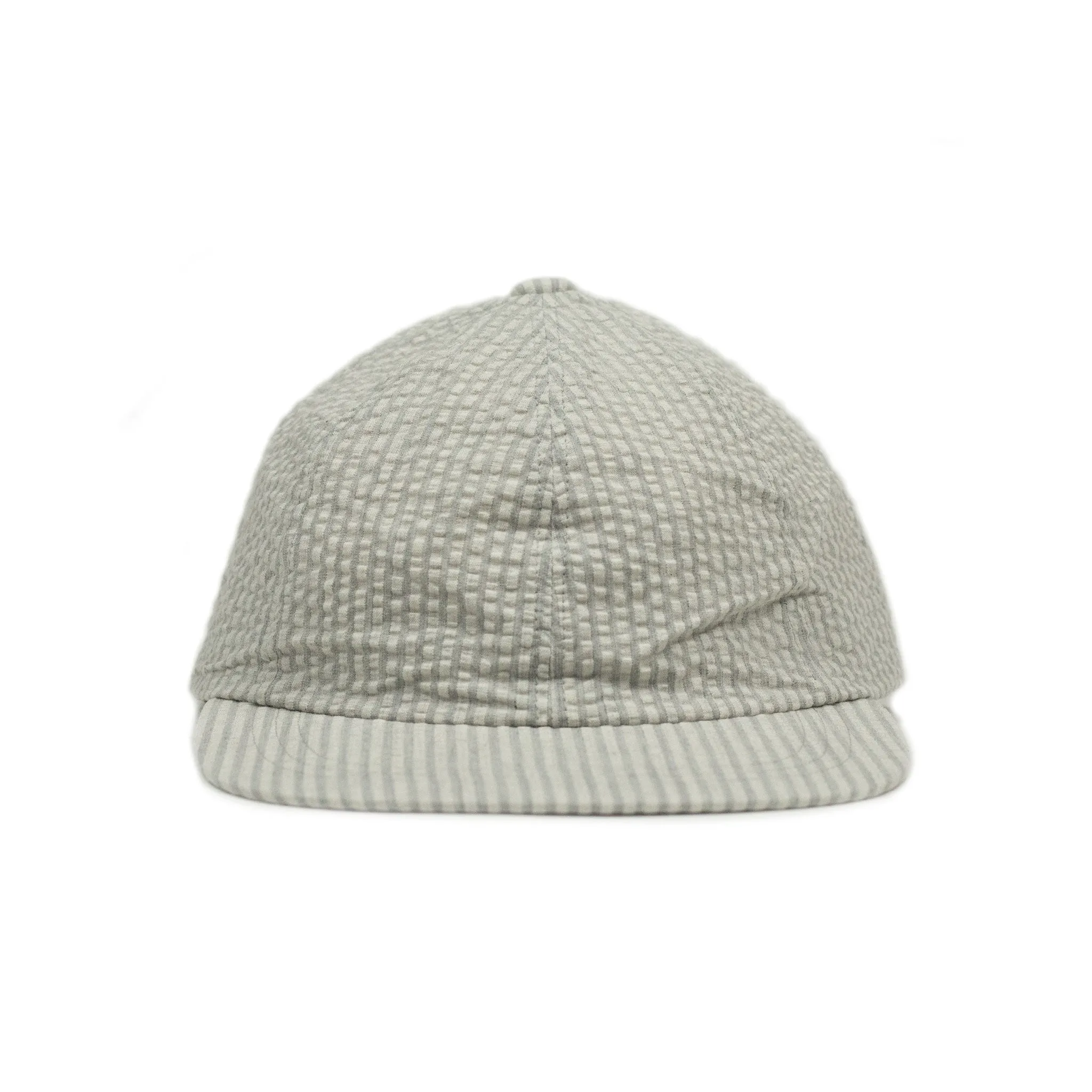 Baseball cap in salt and grey stripe cotton seersucker