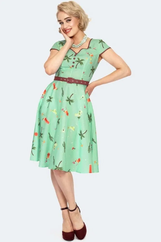 Cocktail Print Front Button Flare Dress