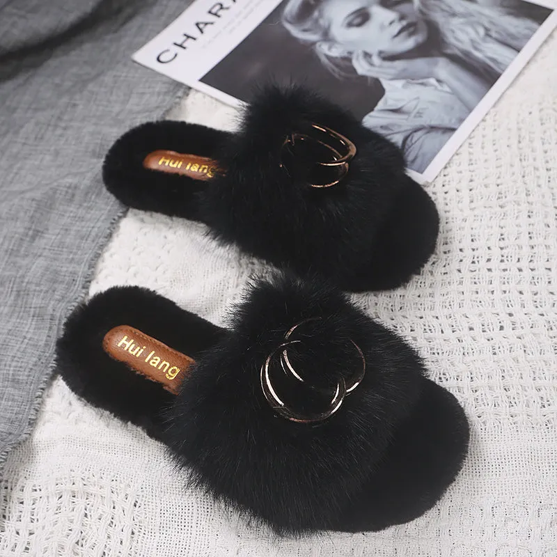 Faux-Fur Rabbit Slippers for Women