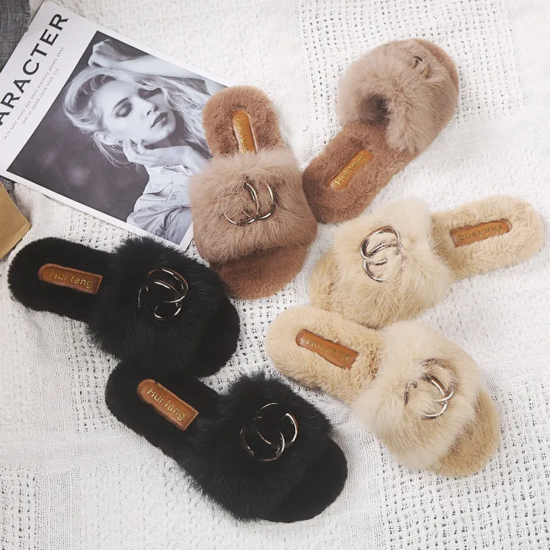 Faux-Fur Rabbit Slippers for Women