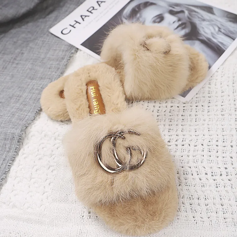 Faux-Fur Rabbit Slippers for Women