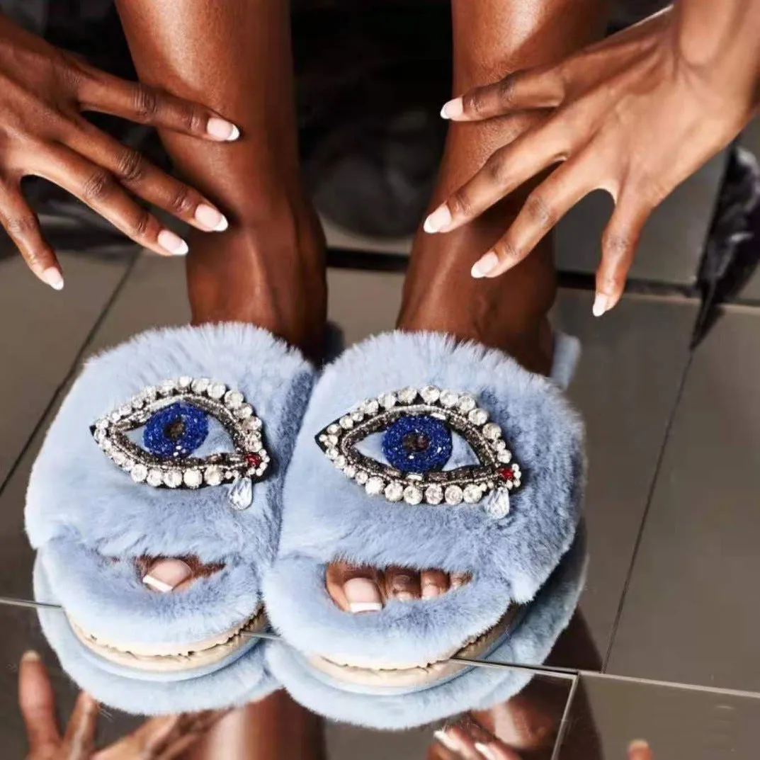 Faux-Fur Slippers for Women with Rhinestone Adorned Eye