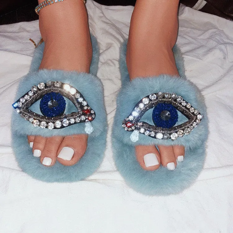 Faux-Fur Slippers for Women with Rhinestone Adorned Eye