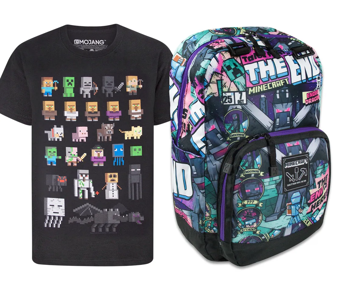 Minecraft Tales from the End Backpack and Sprites T-Shirt Gift Set Bundle