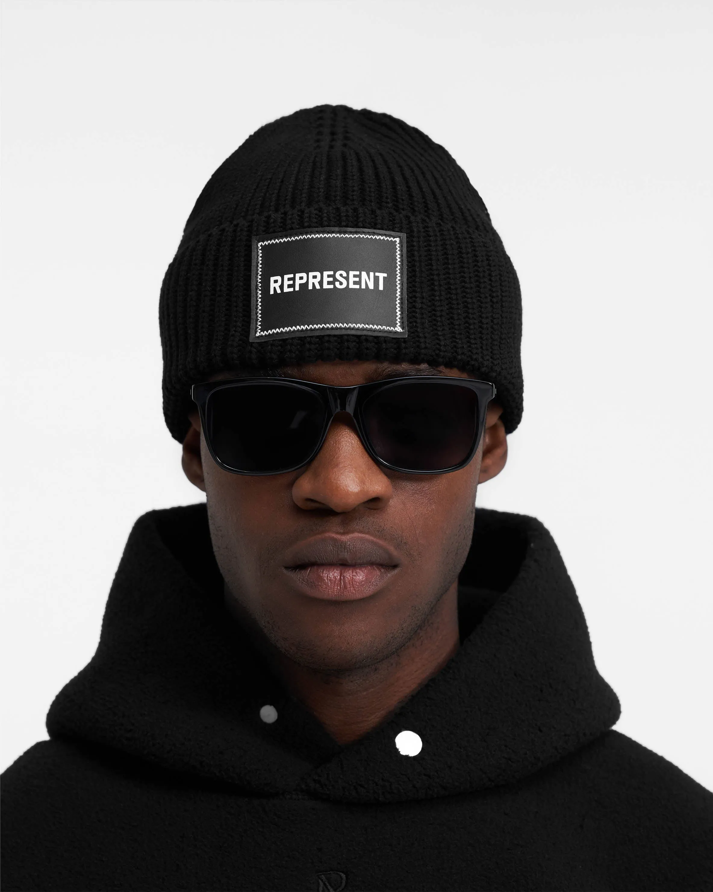 Represent Leather Patch Beanie - Black